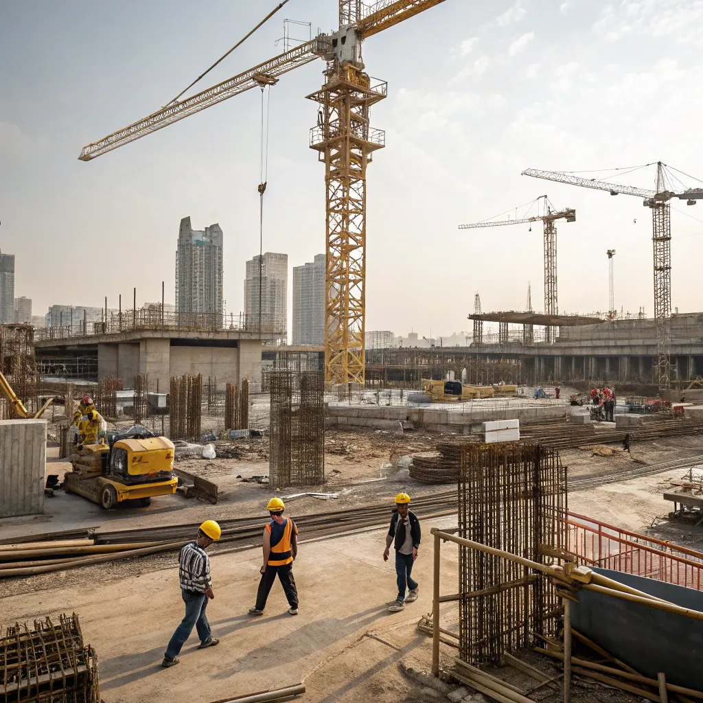 Construction site with cranes and workers